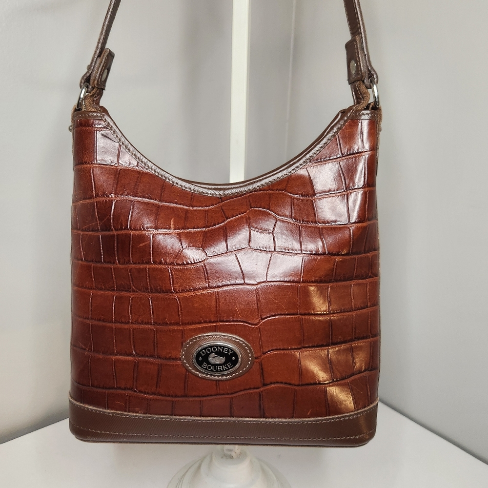 vintage 90s dooney & bourke brown leather croc small bayou hobo Bucket Shldr Bag